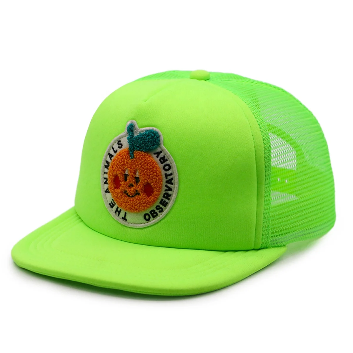 5 Panel Custom Design Flat Square Bill Unisex Neon Green Foam Mesh Cap Trucker Chenille Embroidery Patch Snapback Hat