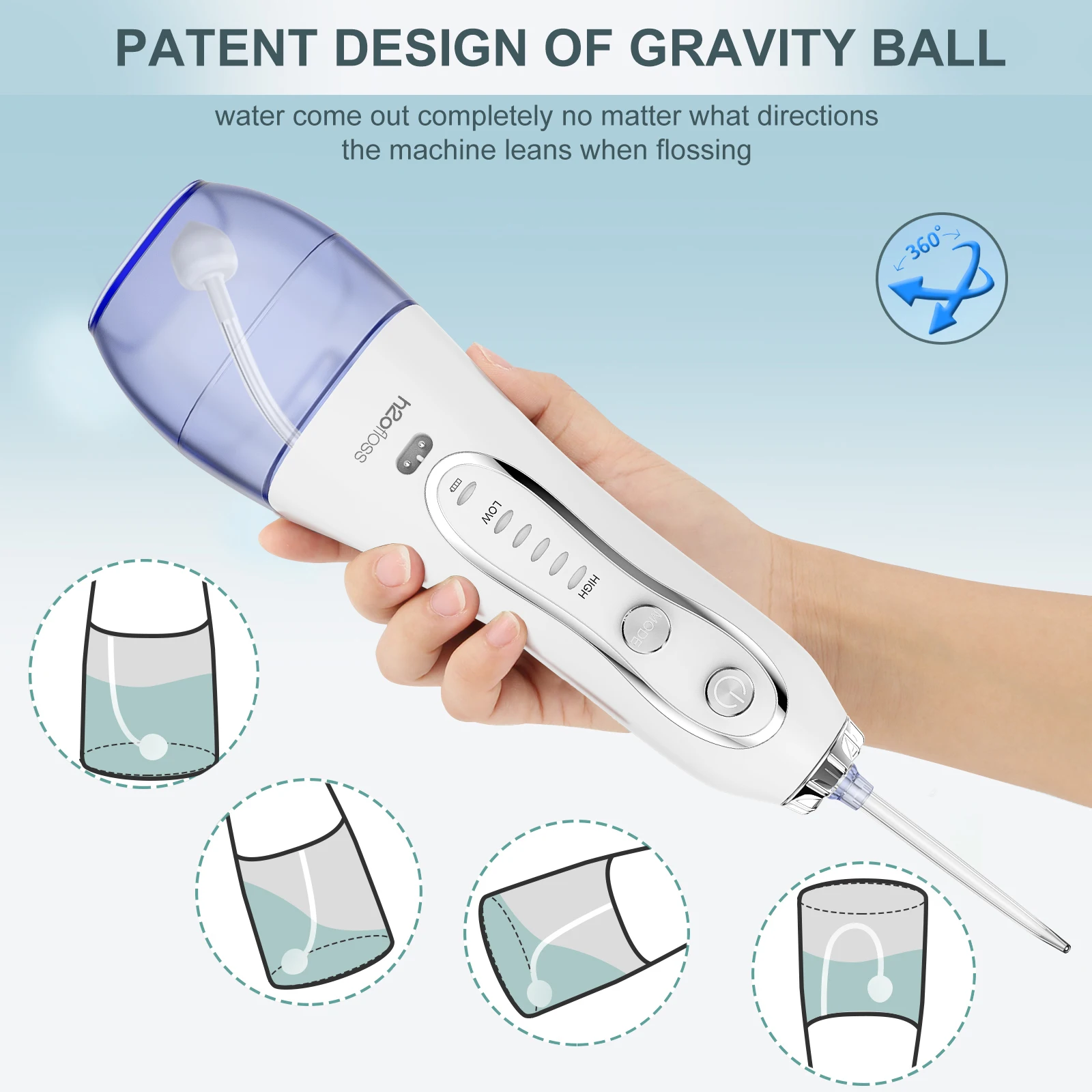 H2ofloss  IPX7 Electric Water Jet Flosser Cordless  300ml Capacity Travel Dental Portable Oral Irrigator Water Pick