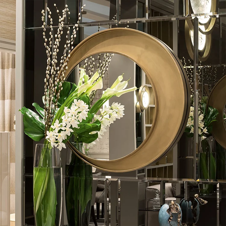 Nordic circular hanging mirror restaurant decorations metal texture background wall light luxury wall decoration entrance porch