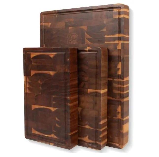Sturdy Organic End Grain Acacia Wood Index Cutting Board Set with Storage Base Holder for Kitchen Bread Meat Vegetables Fish