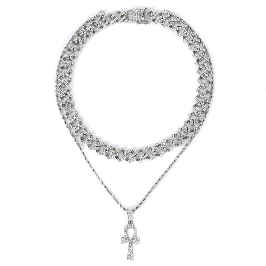 New  style Alloy Full Diamond Hip Hop Creative Egyptian Anhe Key Charm Religious Cross Pendant Cuban iced Necklace Set Jewelry