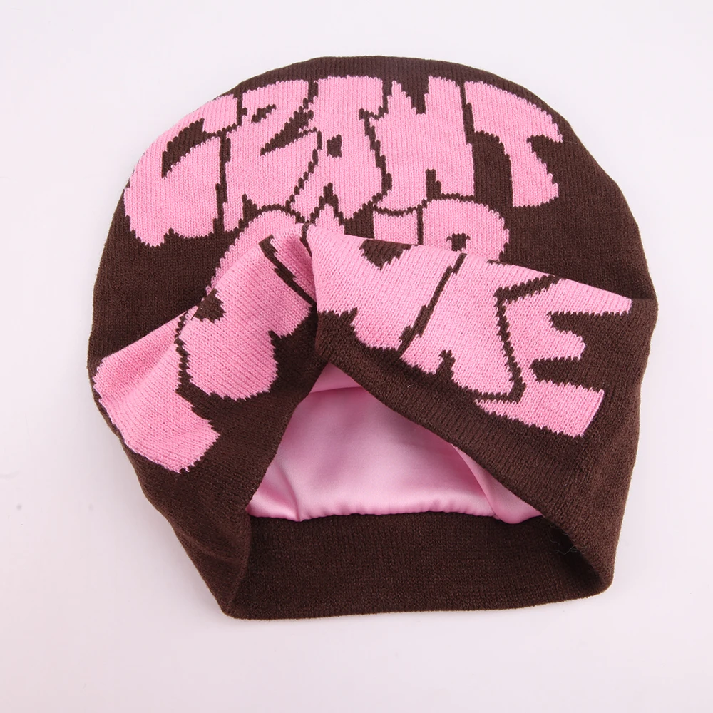 Low MOQ Manufacturer Custom Design Y2K Beanies With Custom Jacquard Logo And Satin Lined Inside