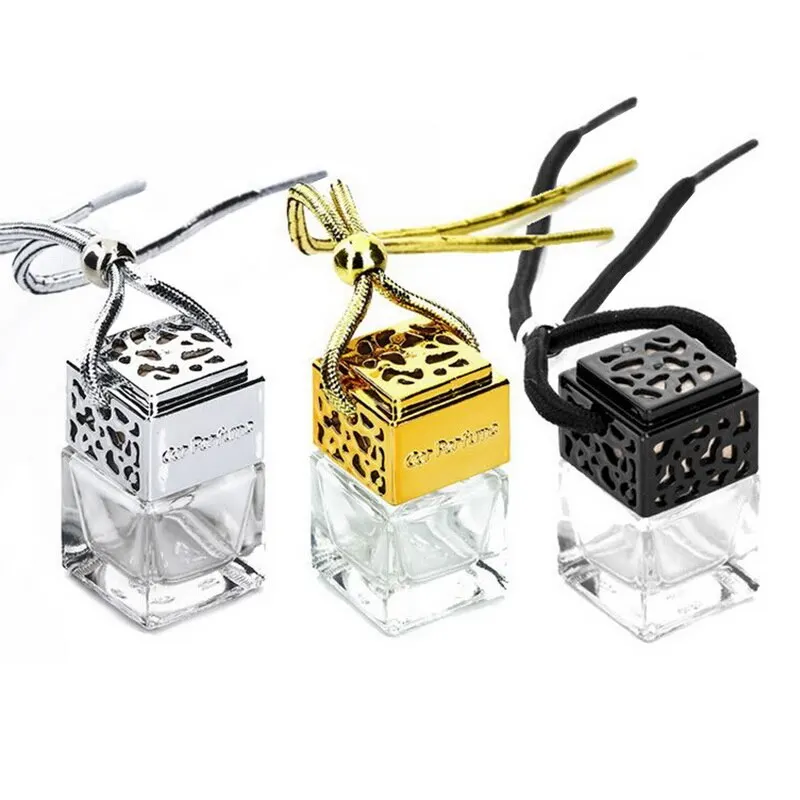 
Fashion Square Glass Car Perfume Bottle Lid Hollowing Out Pattern Empty Hanging Car Air Freshener Perfume Diffuser 