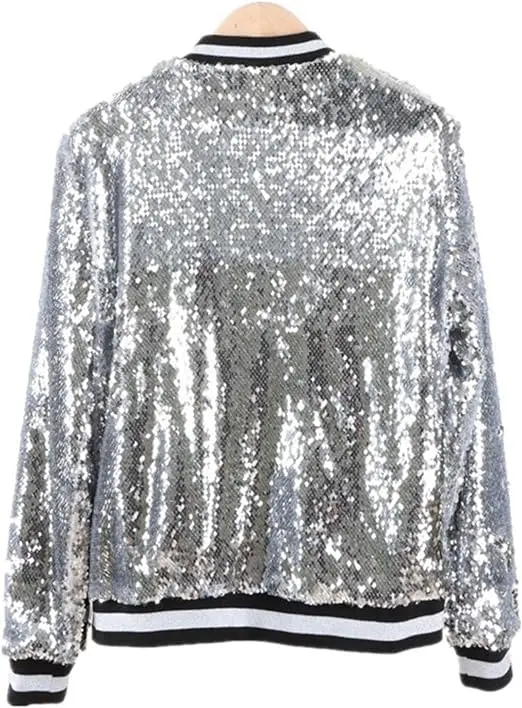 WINGTU OEM Casual Sequin Jacket Long Sleeve Sparkly Bomber Baseball Jacket For Women