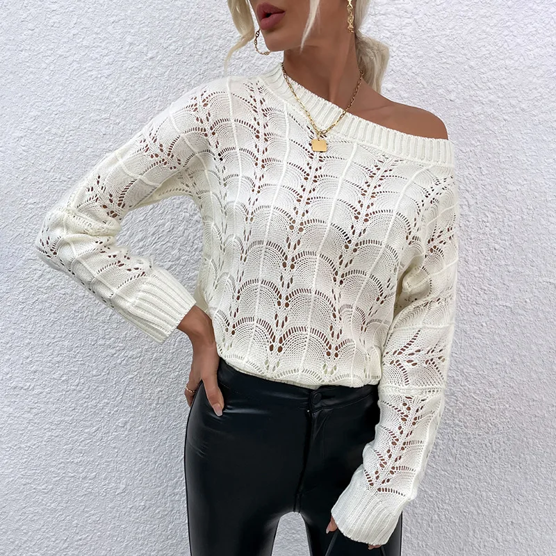 Hollow out knitted pattern crew neck blank oversize knit pull over sweater women