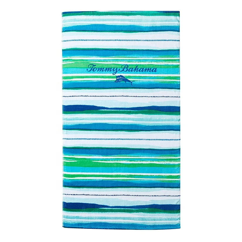 Wholesale High Quality White Blue Stripe Quick Dry Rectangle Beach Towel With Custom Print