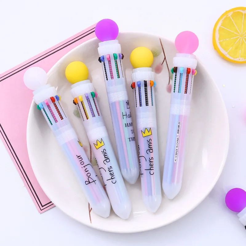 10 Colors Rainbow Cute Ball Press Ballpoint Pen Student Multifunctional Hand Pen Colorful Pen