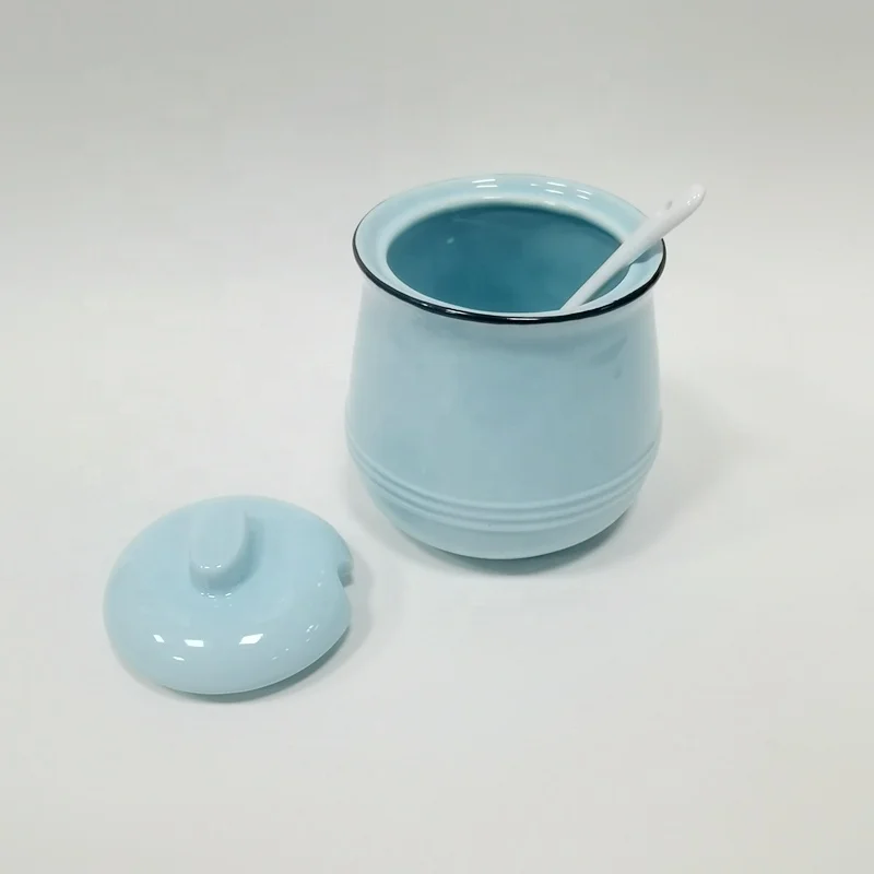 Kitchen Stylish Ceramic Porcelain Sky Blue Sugar Pot with Spoon Set for Sale Dehua Factory Direct