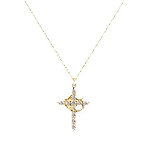 Brass Electroplate 18K Cross Zirconia Full Diamond Crown Circle Turn Pendant Ladies Necklace