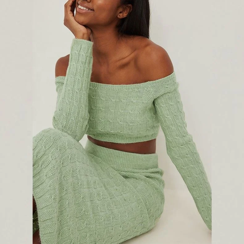 2022 Wholesale Two Piece Set Ladies Skirts Off Shoulder Crop Tops Midi Skirt 2 Women Sweater Fleece Knitted Autumn Suit
