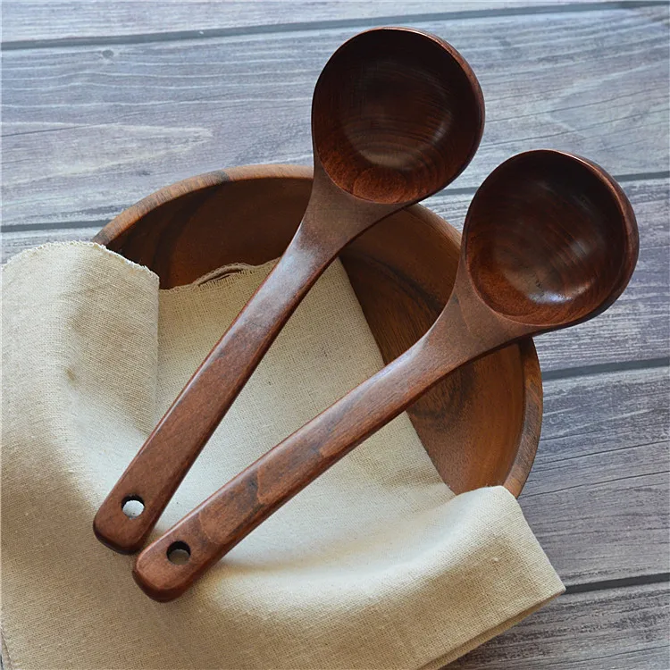 Chinese Wholesale Custom Logo Hotel Dark Brown Long Handle Big Hot Pot Ramen Wood Soup Spoon For Tableware