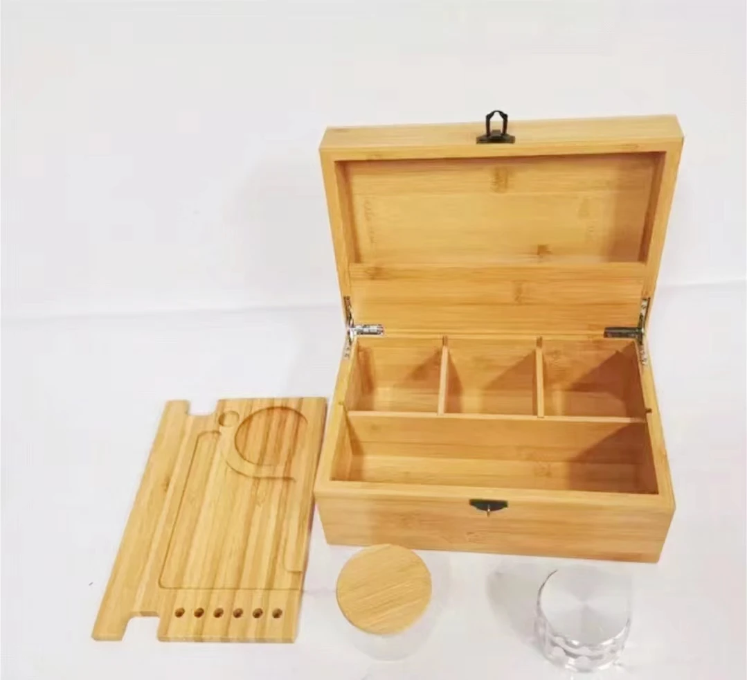 Custom handle handmade black pink Divider Space combination Lock magnet bamboo wood smell proof stash box set with rolling tray