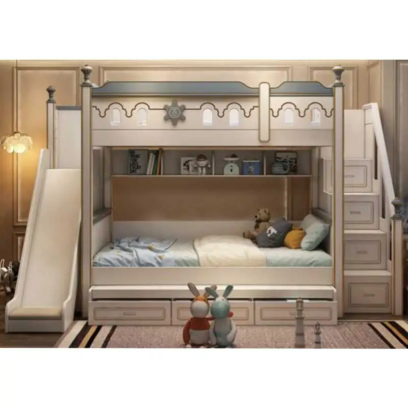 Modern White Wooden Princess Castle Girls Children Bed Home Furniture Bedroom Wood Luxury Double Kids Bunk Bed With Slide