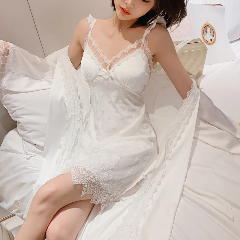 
Summer Gorgeous pajamas For Women Satin Sleepwear Lace Robe And Night Dresses Set 