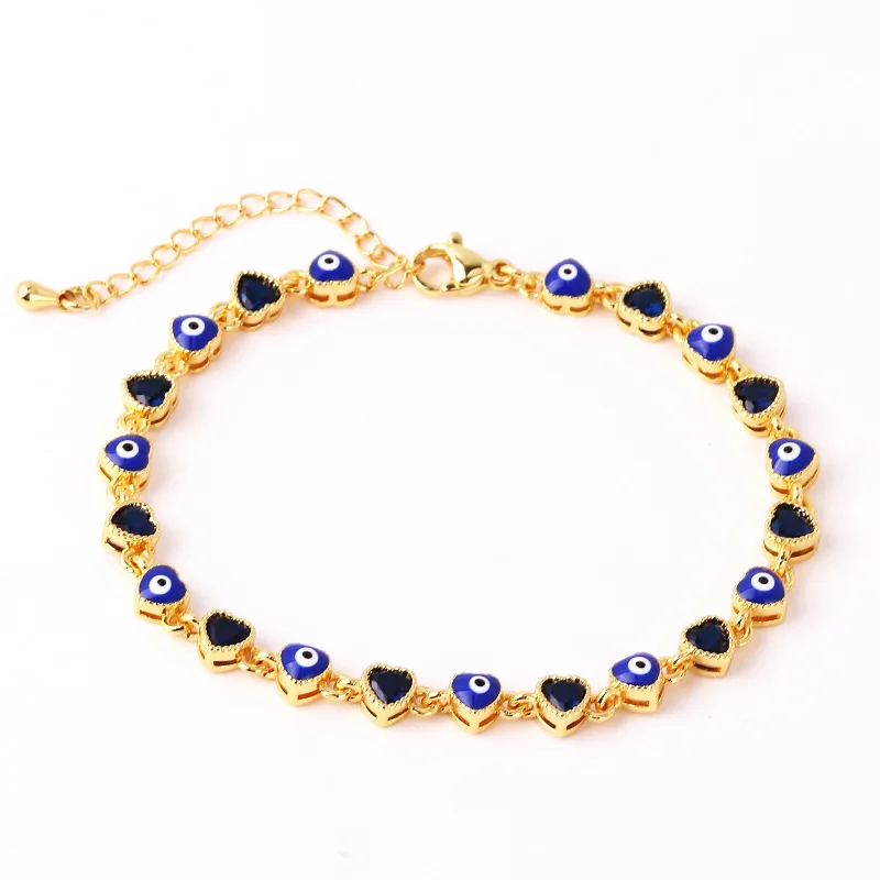 Wholesale colorful cute dripping oil small eyes sweet heart shape zircon enamel beaded chain bracelet for women girl