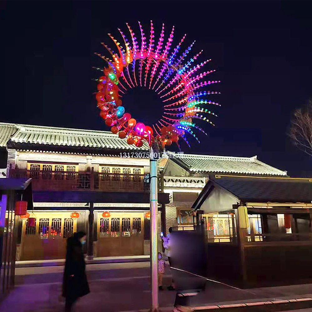 Customize large scale outdoor LED lighted colorful wind spinner stainless steel giant kinetic sculpture for park decor