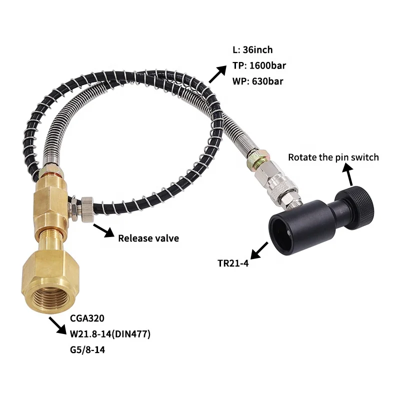 High Pressure CGA320 W21.8-14 Co2 Refill Gas Filling Station Hose for Soda Machine  Cylinder Paintball Tank Scuba Cylinder
