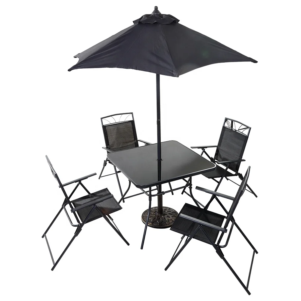 China Garden Furniture Home Leisure Way Patio Outdoor 4 Seater Metal Dining Set with Foldable Chairs, Glass Table, Umbrella