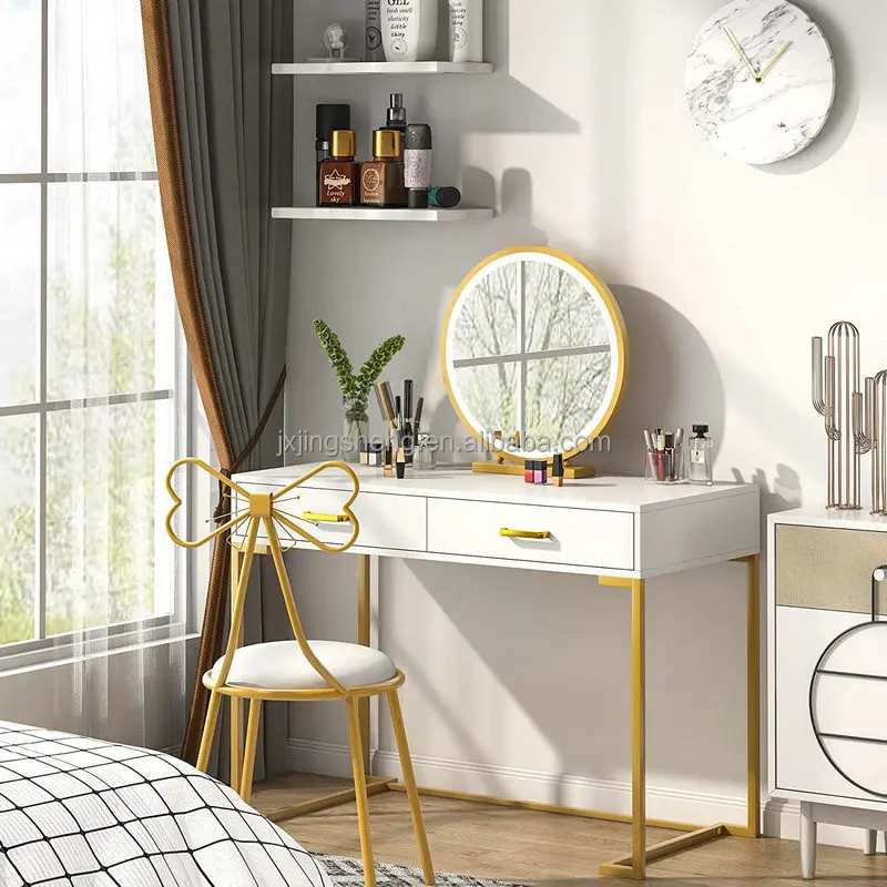 Bedroom home iron wood structure gold leg removable dressing table with mirror
