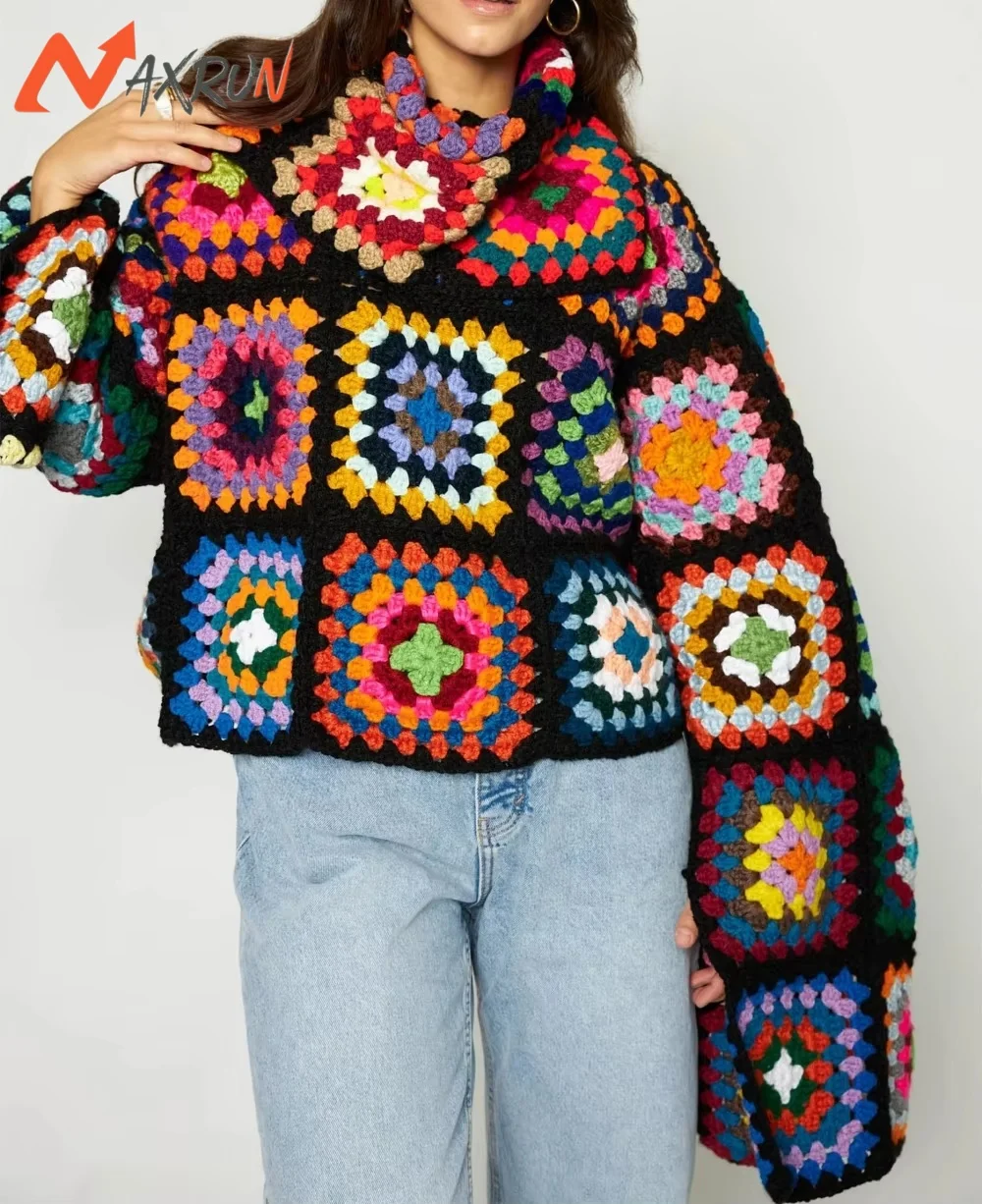 Fashion Design colorful  women tops Cardigan knitted choker sweater Square Hand Crochet Plaid Pattern knitted jacket