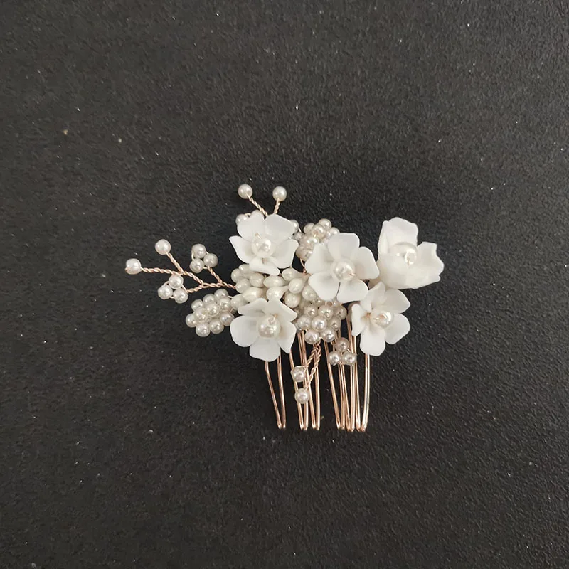 SLBRIDAL Ins Style Handmade Crystal Rhinestones Ceramic Flower Bridal Hair Comb Wedding Hair Accessory Bridesmaids Women Jewelry