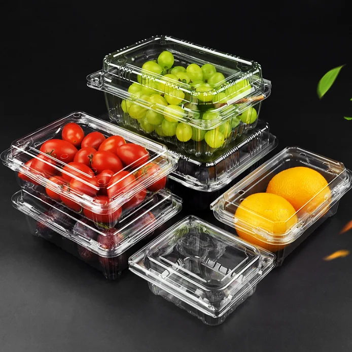 Custom clear transparent food container PET plastic clamshell vegetable fruit packaging box for grape lychee cherry
