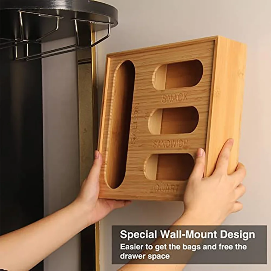 Natural kitchen wholesale bamboo ziplock bag organizer ziplock bag storage box