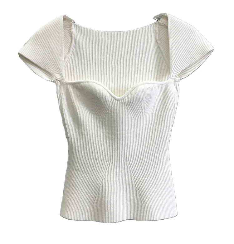 Square Collar Short Sleeve Woman Slim T Shirt Summer Sexy Knitted Sweater