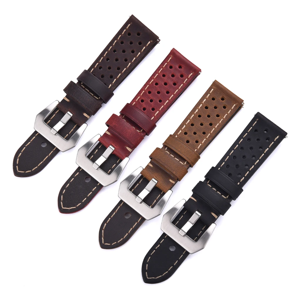 Custom Porous Breathable Sport 22mm Rally Leather Watch Band Crazy Horse Genuine Leather Watch Strap Quick Release Wristbands