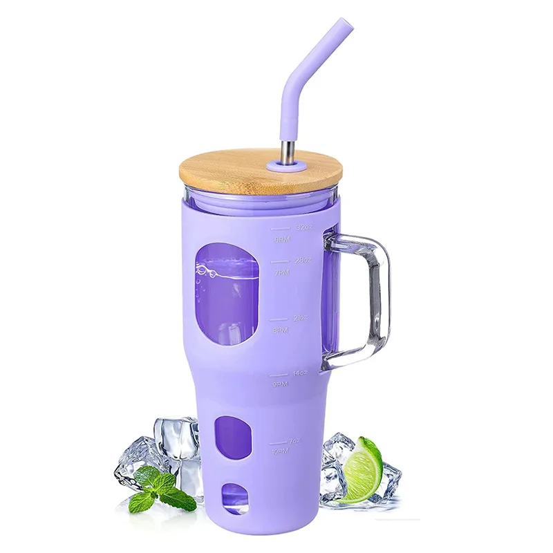 JM-K 2023 New Style 32Oz Borosilicate Glass Mug With Time Marker Tumbler Bamboo Lid and