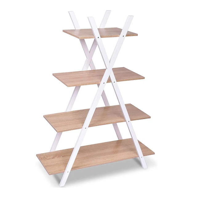X shaped wooden 4 tier bookcase ladder shelf for storage