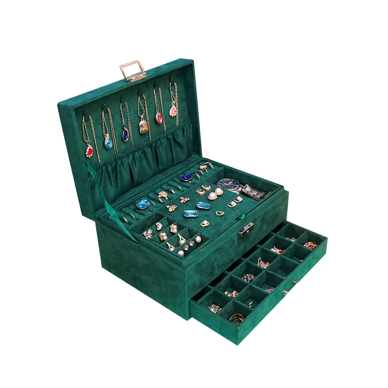 Fashionable jewelry organizer case travel wholesale flannelette bangle ring bracelet storage green jewelry box 3 layer