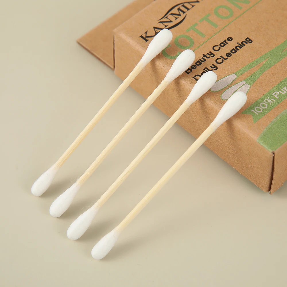 Wholesale Low Moq Custom Logo Ear buds 100 Pieces Aircraft Hole Hang Card Bamboo Stick Cotton Bud With Kraft Paper Box