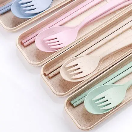 Cheap Eco Friendly Travel Wheat Straw Cutlery Sets Spoon Chopsticks Fork Portable Flatware With Case