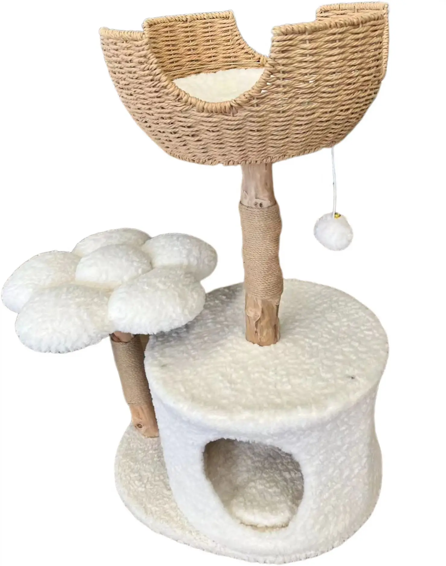 High quality natural wood luxury rattan cat bed, sword hemp rope cat tree indoor decoration