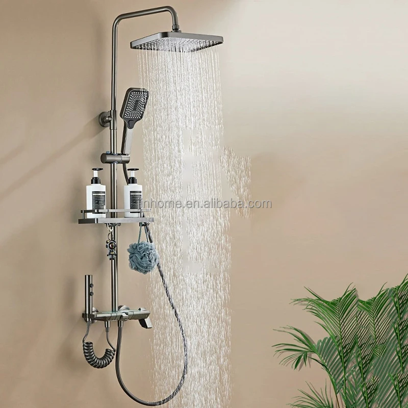LED Brass Shower Head Set Gun Gray Square Shower Columns Wall Mounted Waterfall Shower Mixer Faucet