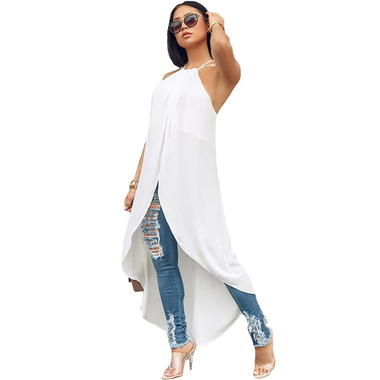 
White Sleeveless Halter Top Asymmetrical Casual Shirt Long Maxi Tunic Tops Blouse Women 