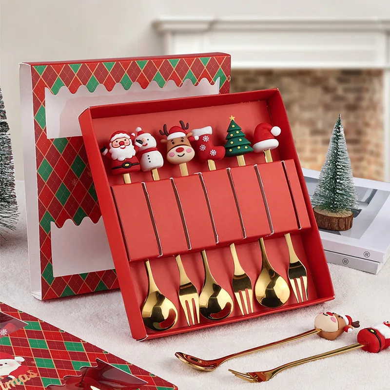 Factory Cheap Christmas 6 PCS Spoon Fork Stainless Steel Cutlery Set Dessert Coffee Tea Spoon Fork Set Gold Silver Flatware