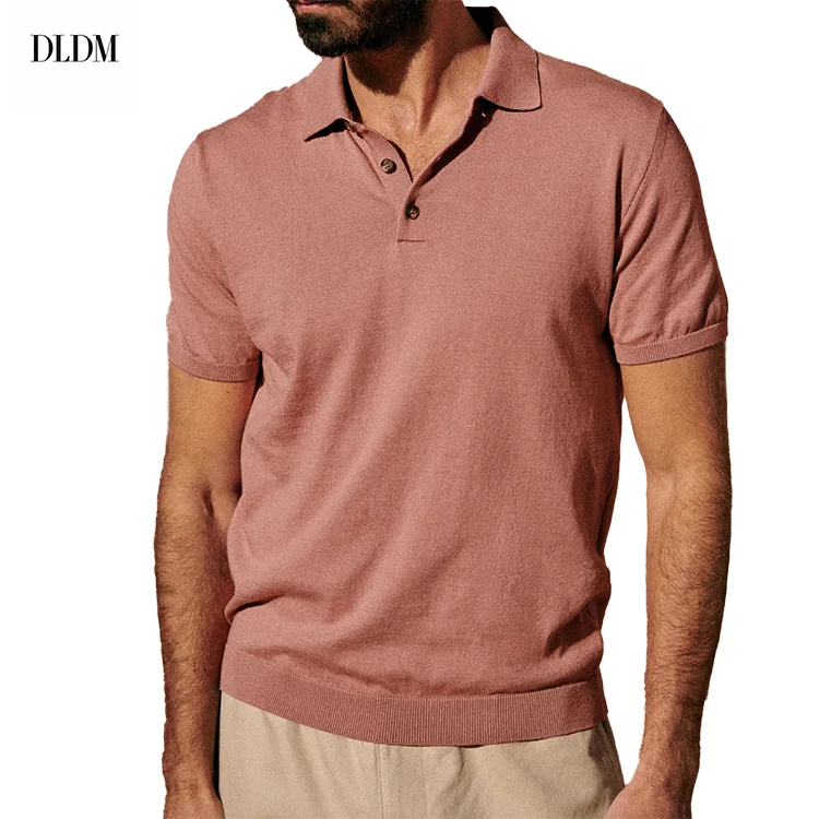 DLDM OEM&ODM Custom Design Noble Mature Botton Short Sleeves Pink Ribbed 100 Cotton Knitted Polo Shirt Polo Neck Sweater for Men