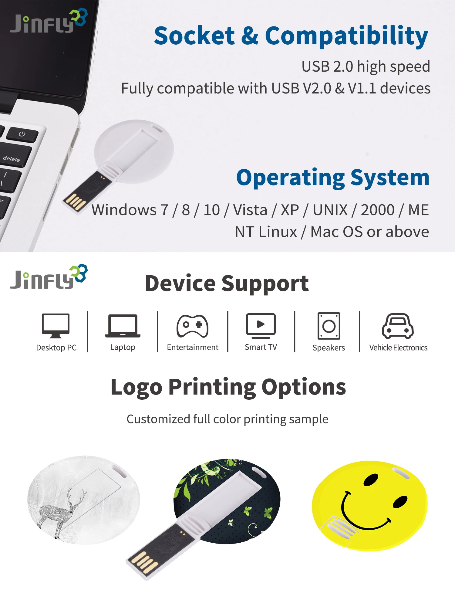 JINFLY CE ROHS FCC 64GB 16GB 8GB 4GB Smiley Round Card Usb Flash Drive 2.0 Pendrive Personalizado Usb Flash Drive 32Gb Cartoon