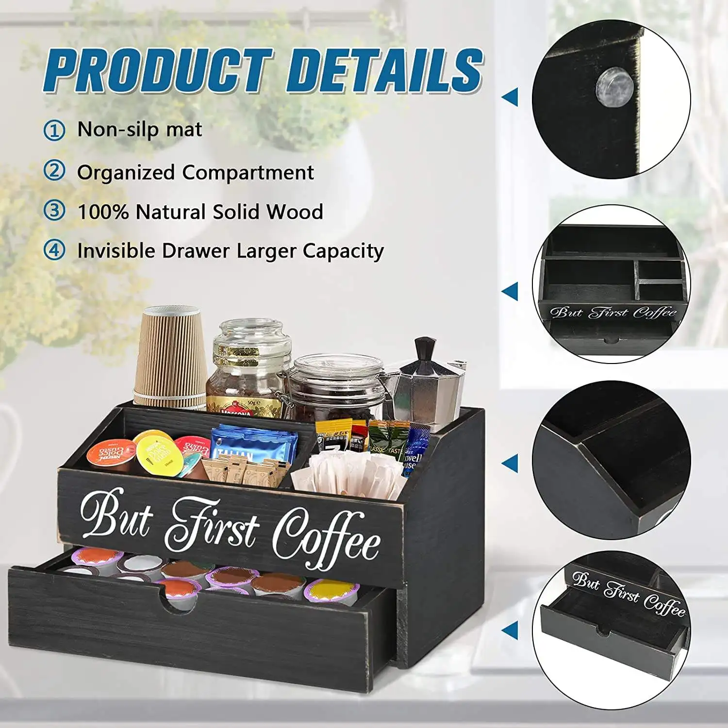 Farmhouse Coffee Bar Accessories Caddy Wooden Coffee Station Organizer Kcup Coffee Pod Holder Storage Basket with Serving Tray