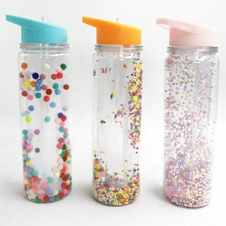 
Pink glitter dust double walled unique plastic mineral transparent water bottle with straw 