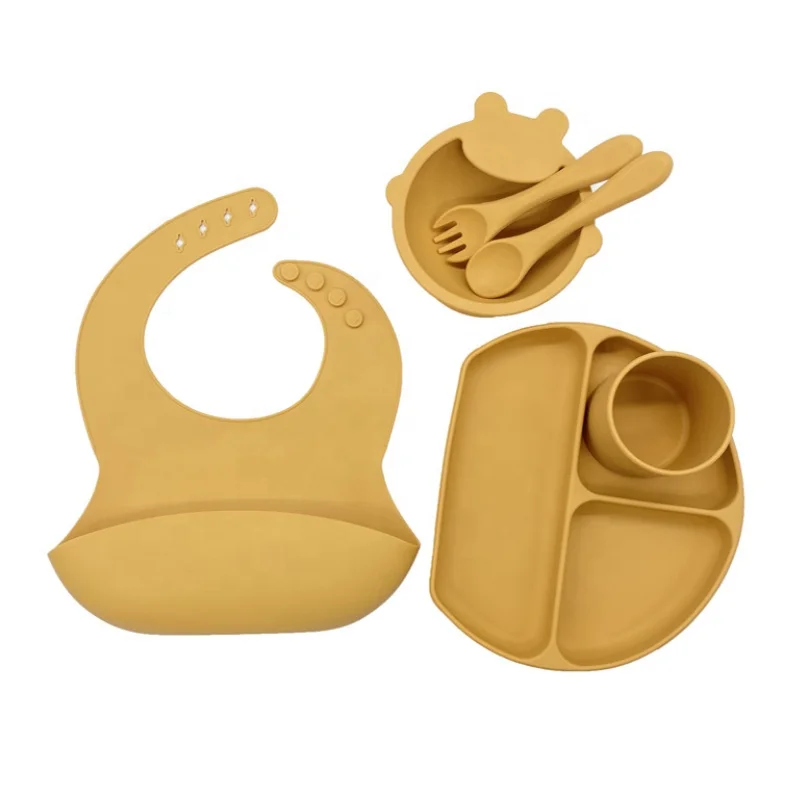 Baby Gift Set Silicone Baby Feeding Tableware Set Ribbed Silicone Baby Feeding Set Basket