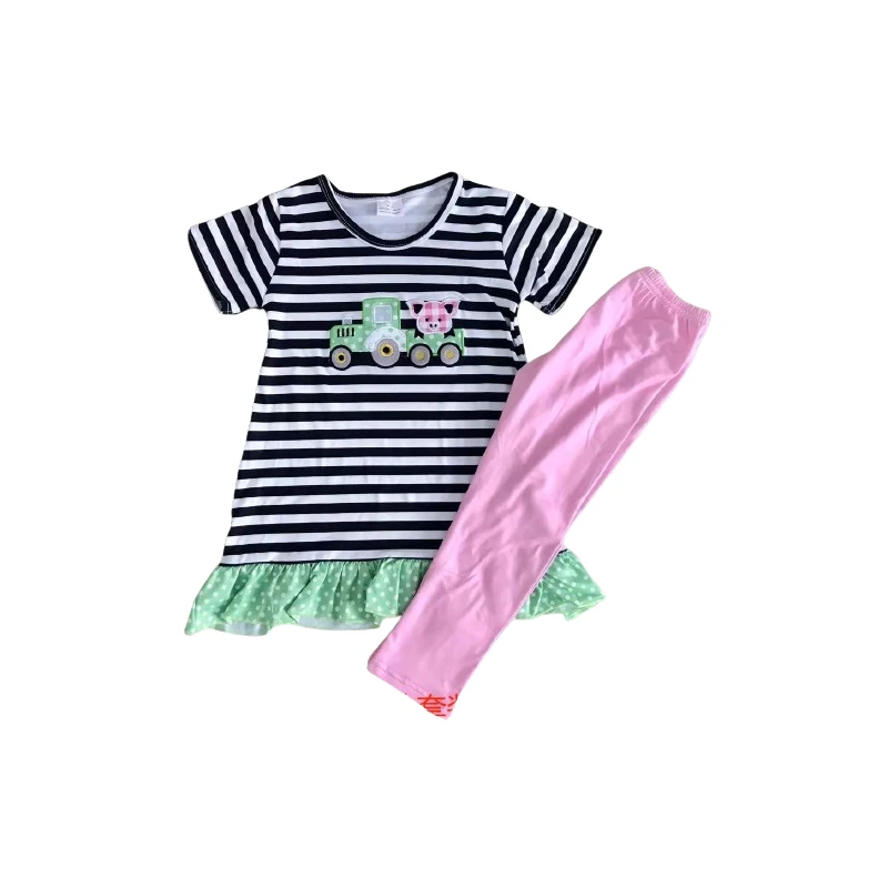Summer wholesale high quality striped truck and Pig Girl Lace short sleeve pink pants casual suit