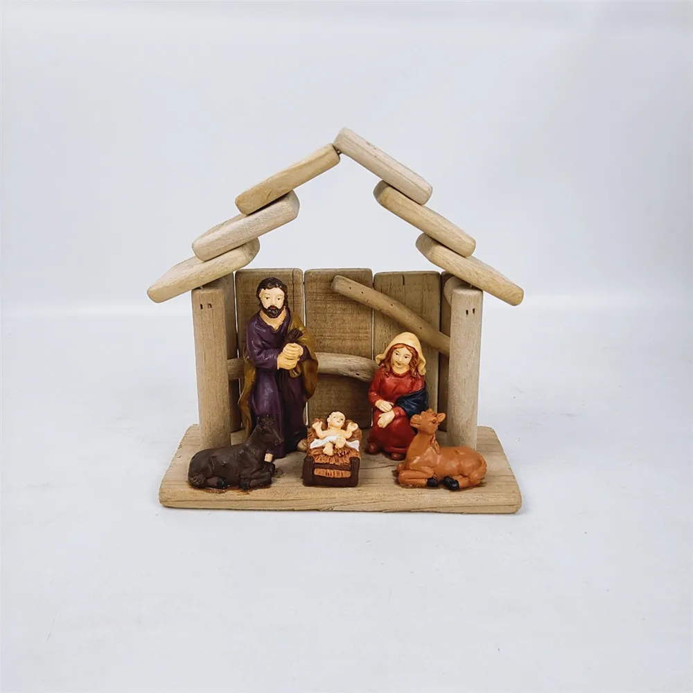 Christmas Nativity Set with Wooden Stable and Polyresin Figurines