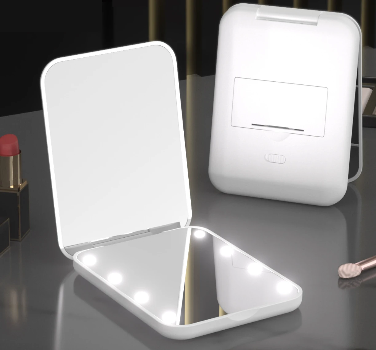 LED Makeup Battery Model 2 Times Magnification Double-Sided Mirror Portable Handheld Folding Cosmetic Mirror with 8 Lamp Beads