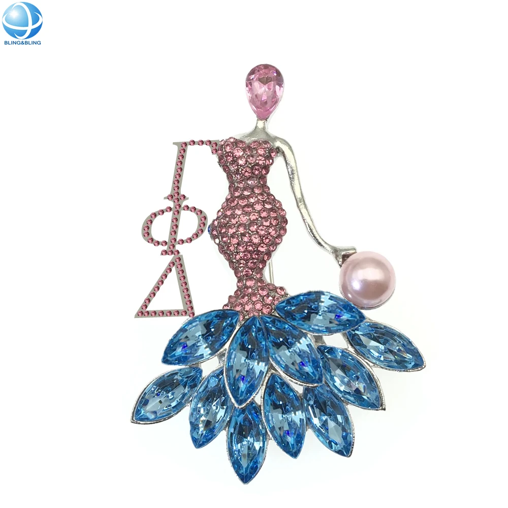 White Pearl Tassel Chain Pink Blue Crystal Brooch For College Greek Sorority Gamma Phi Delta 1943 Fashion Designer Jewelry Pin