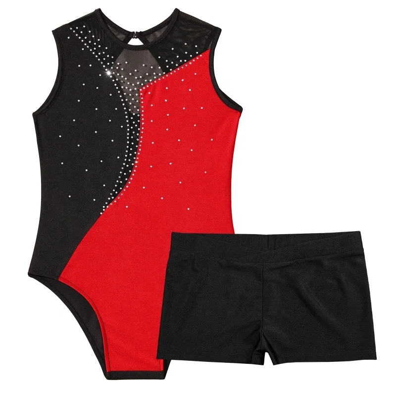 Kids Girls Sleeveless Round Neck Shiny Rhinestones Patchwork Color V-front Waistband Shorts Gymnastics Workout Dance Leotard