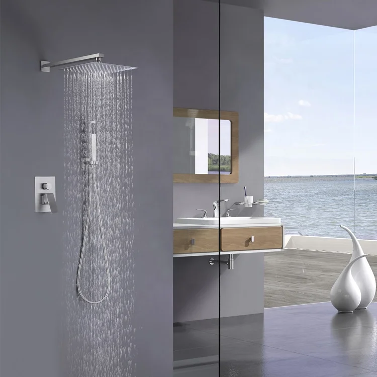 
Hot Sale 304 Stainless Steel Brushed Nickle Hot And Cold Waterfall In Wall Mounted Concealed Bathroom Rain Shower Set 
