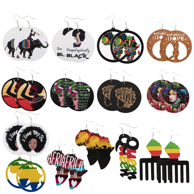 New Arrival Ethnic Jewelry Black African Map Earrings Round Afro Woman Queen Painted Wood Earring For Women